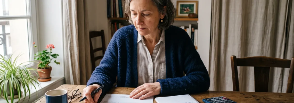 Une femme examine ses documents bancaires à une table de salle à manger.