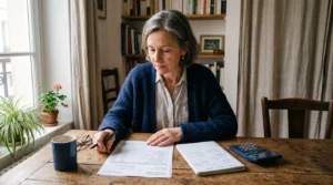 Une femme examine ses documents bancaires à une table de salle à manger.