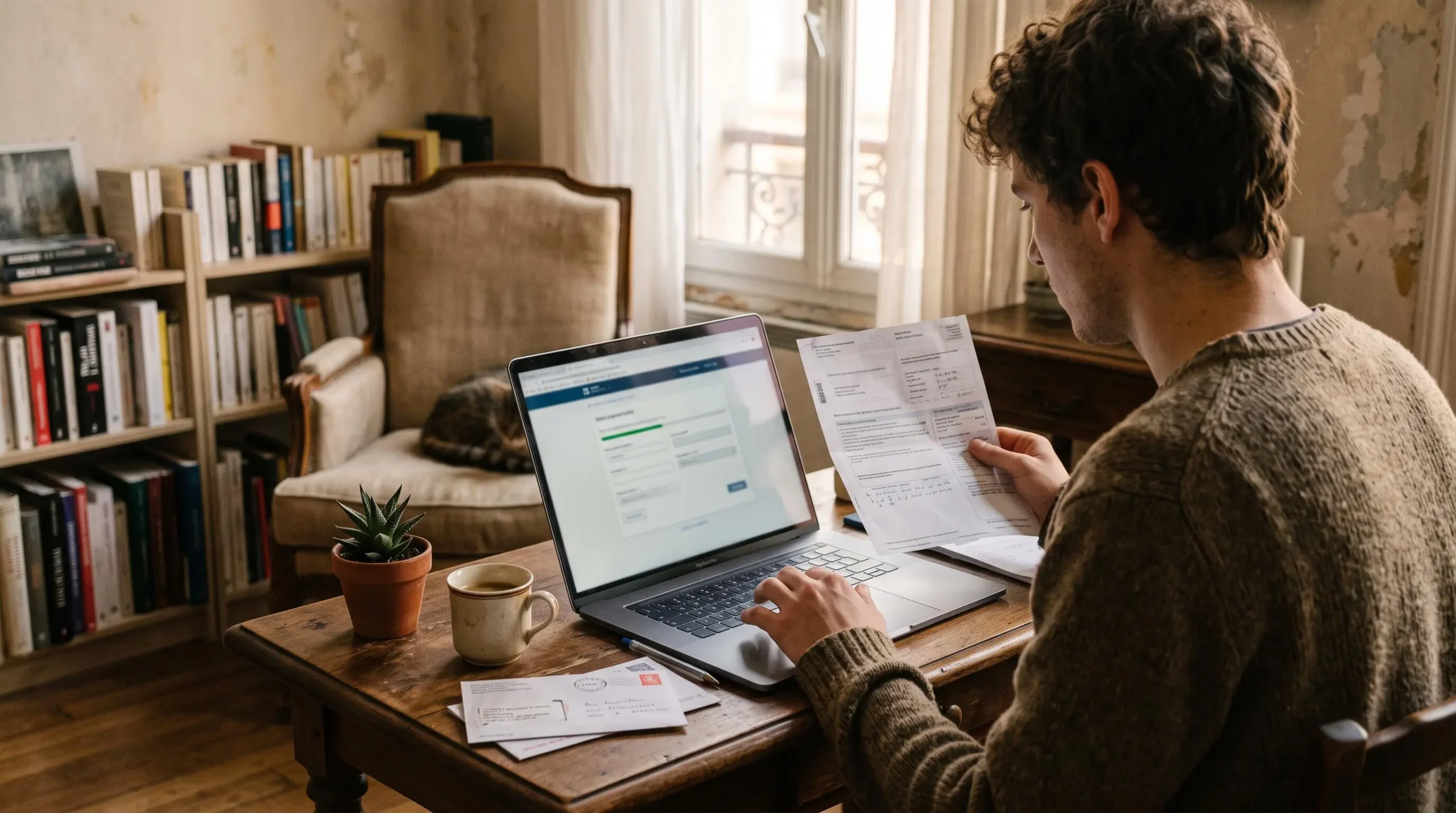 Un jeune homme ouvre un compte en ligne sur son ordinateur portable à domicile.