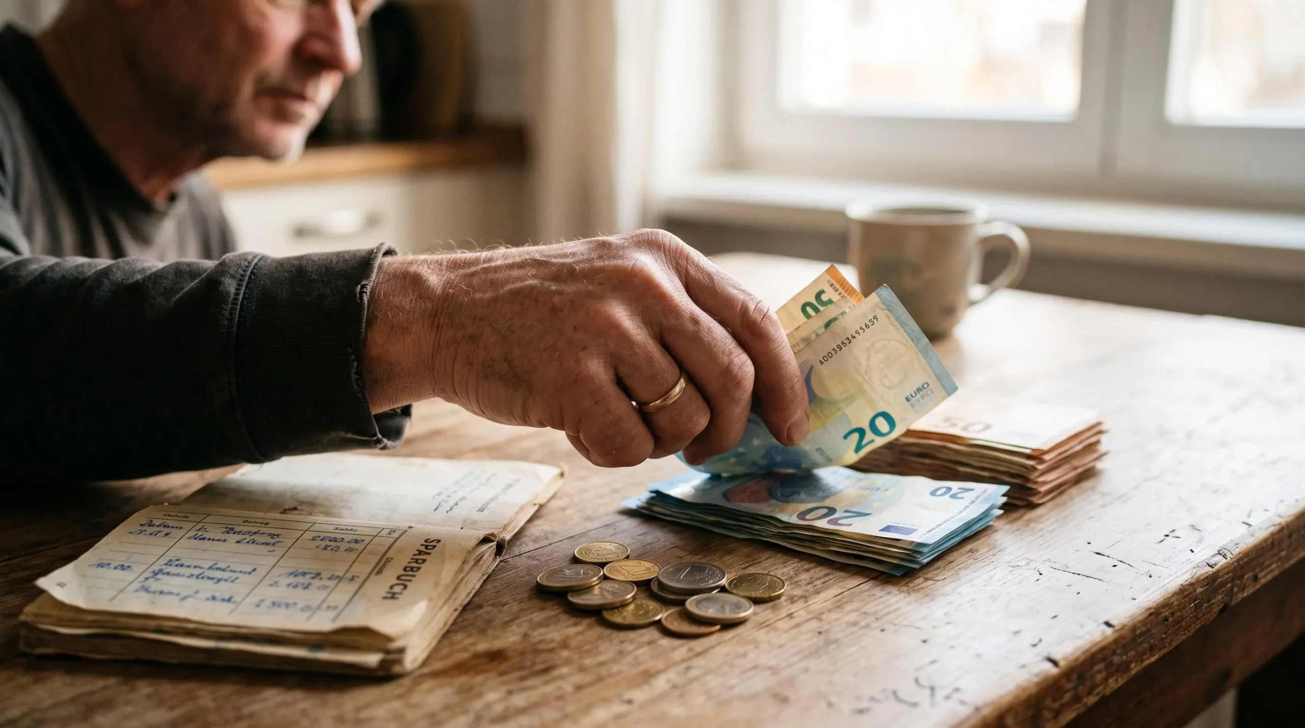 Des mains comptent des billets en euros près d'un livret sur une table.